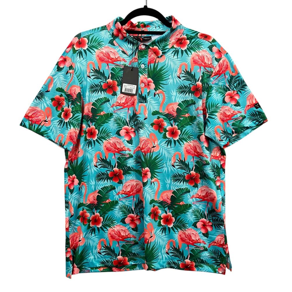 Yatta Golf  Flamingo Floral Polo Hawaiian Shirt Size Medium